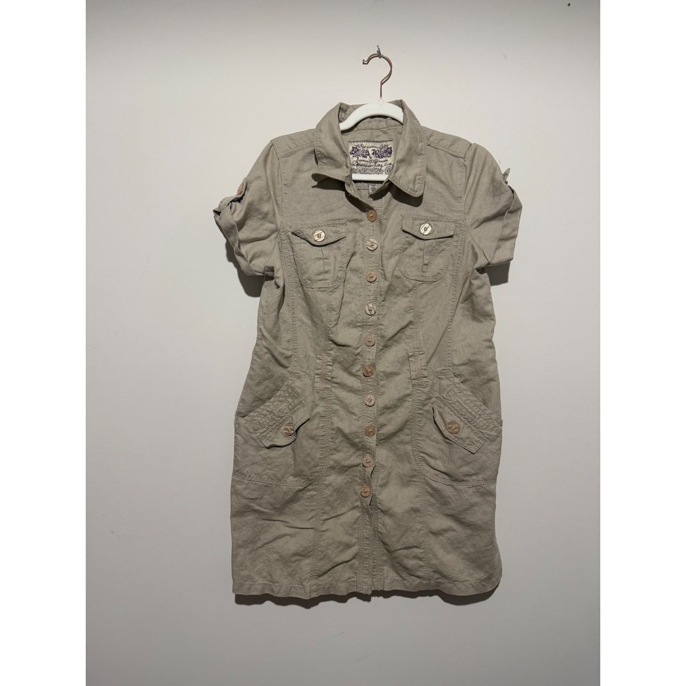 American Rag Cie Womens Khaki Tan Linen Blend Button Front Utility Mini Dress L